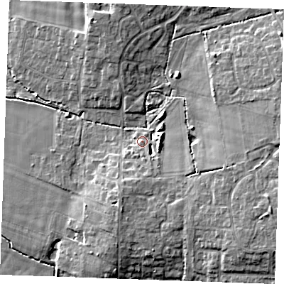 Shaded relief map of the ground around PE303FH, computed from Environment Agency LiDAR. The ground here sits at about 6 m above sea level and falls 10 m across the surrounding 800 m. Surface water reaching this point runs off ground lying to the south, 3.3 m higher.