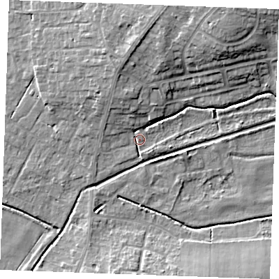 Shaded relief map of the ground around PE303FL, computed from Environment Agency LiDAR. The ground here sits at about 3 m above sea level and falls 11 m across the surrounding 800 m. Surface water reaching this point runs off ground lying to the north-north-west, 6.5 m higher.