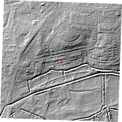 Shaded relief map of the ground around PE303HB, computed from Environment Agency LiDAR. The ground here sits at about 5 m above sea level and falls 14 m across the surrounding 800 m. Surface water reaching this point runs off ground lying to the north-north-east, 3.4 m higher.