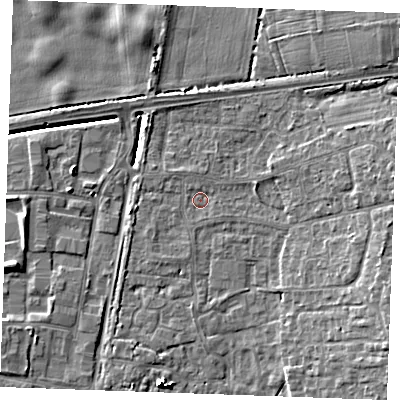 Shaded relief map of the ground around PE303HF, computed from Environment Agency LiDAR. The ground here sits at about 3 m above sea level and falls 8 m across the surrounding 800 m. Surface water reaching this point runs off ground lying to the east, 4.6 m higher.