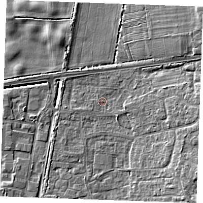Shaded relief map of the ground around PE303HG, computed from Environment Agency LiDAR. The ground here sits at about 4 m above sea level and falls 8 m across the surrounding 800 m. Surface water reaching this point runs off ground lying to the east, 4.6 m higher.