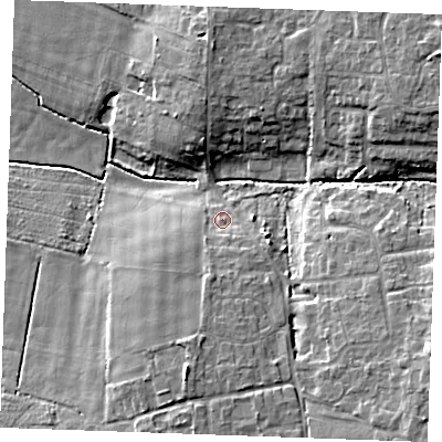 Shaded relief map of the ground around PE303NA, computed from Environment Agency LiDAR. The ground here sits at about 7 m above sea level and falls 12 m across the surrounding 800 m. Surface water reaching this point runs off ground lying to the south, 4.5 m higher.