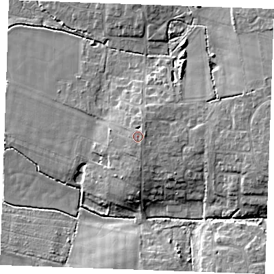 Shaded relief map of the ground around PE303NB, computed from Environment Agency LiDAR. The ground here sits at about 9 m above sea level and falls 9 m across the surrounding 800 m. Surface water reaching this point runs off ground lying to the south-south-east, 0.6 m higher.