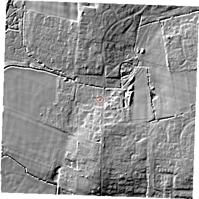 Shaded relief map of the ground around PE303ND, computed from Environment Agency LiDAR. The ground here sits at about 6 m above sea level and falls 9 m across the surrounding 800 m. Surface water reaching this point runs off ground lying to the south, 4.0 m higher.