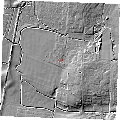 Shaded relief map of the ground around PE303NE, computed from Environment Agency LiDAR. The ground here sits at about 6 m above sea level and falls 9 m across the surrounding 800 m. Surface water reaching this point runs off ground lying to the east-south-east, 4.2 m higher.