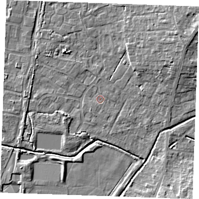 Shaded relief map of the ground around PE303PH, computed from Environment Agency LiDAR. The ground here sits at about 3 m above sea level and falls 8 m across the surrounding 800 m. Surface water reaching this point runs off ground lying to the north-east, 6.5 m higher.