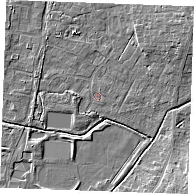Shaded relief map of the ground around PE303PJ, computed from Environment Agency LiDAR. The ground here sits at about 3 m above sea level and falls 8 m across the surrounding 800 m. Surface water reaching this point runs off ground lying to the west, 2.4 m higher.
