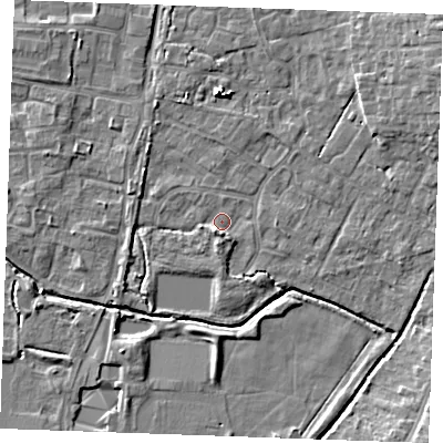 Shaded relief map of the ground around PE303PL, computed from Environment Agency LiDAR. The ground here sits at about 3 m above sea level and falls 6 m across the surrounding 800 m. Surface water reaching this point runs off ground lying to the east-north-east, 3.9 m higher.