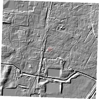 Shaded relief map of the ground around PE303PN, computed from Environment Agency LiDAR. The ground here sits at about 4 m above sea level and falls 6 m across the surrounding 800 m. Surface water reaching this point runs off ground lying to the north-north-west, 1.9 m higher.