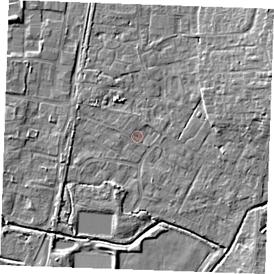Shaded relief map of the ground around PE303PP, computed from Environment Agency LiDAR. The ground here sits at about 3 m above sea level and falls 7 m across the surrounding 800 m. Surface water reaching this point runs off ground lying to the north-north-east, 1.0 m higher.