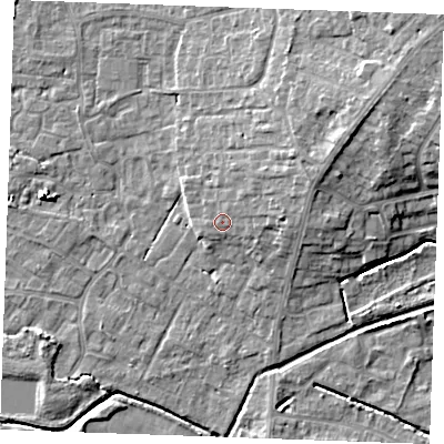 Shaded relief map of the ground around PE303PQ, computed from Environment Agency LiDAR. The ground here sits at about 5 m above sea level and falls 10 m across the surrounding 800 m. Surface water reaching this point runs off ground lying to the east-north-east, 3.5 m higher.