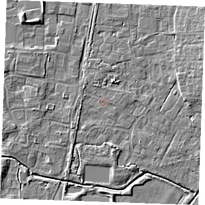 Shaded relief map of the ground around PE303PW, computed from Environment Agency LiDAR. The ground here sits at about 3 m above sea level and falls 6 m across the surrounding 800 m. Surface water reaching this point runs off ground lying to the east, 0.5 m higher.