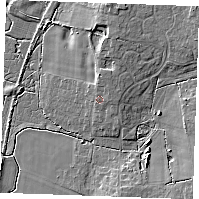 Shaded relief map of the ground around PE303QB, computed from Environment Agency LiDAR. The ground here sits at about 8 m above sea level and falls 9 m across the surrounding 800 m. Surface water reaching this point runs off ground lying to the north, 2.3 m higher.