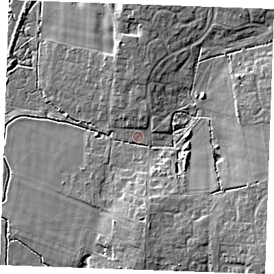 Shaded relief map of the ground around PE303QD, computed from Environment Agency LiDAR. The ground here sits at about 5 m above sea level and falls 9 m across the surrounding 800 m. Surface water reaching this point runs off ground lying to the south-east, 7.2 m higher.