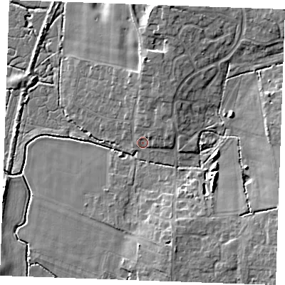 Shaded relief map of the ground around PE303QE, computed from Environment Agency LiDAR. The ground here sits at about 5 m above sea level and falls 9 m across the surrounding 800 m. Surface water reaching this point runs off ground lying to the north-north-east, 4.4 m higher.