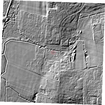 Shaded relief map of the ground around PE303QG, computed from Environment Agency LiDAR. The ground here sits at about 5 m above sea level and falls 9 m across the surrounding 800 m. Surface water reaching this point runs off ground lying to the east, 7.1 m higher.