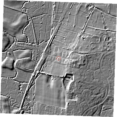 Shaded relief map of the ground around PE303QH, computed from Environment Agency LiDAR. The ground here sits at about 6 m above sea level and falls 9 m across the surrounding 800 m. Surface water reaching this point runs off ground lying to the east-south-east, 5.8 m higher.
