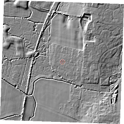 Shaded relief map of the ground around PE303QQ, computed from Environment Agency LiDAR. The ground here sits at about 5 m above sea level and falls 9 m across the surrounding 800 m. Surface water reaching this point runs off ground lying to the east-north-east, 5.2 m higher.