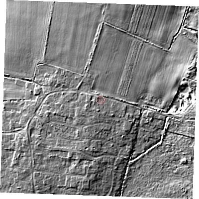 Shaded relief map of the ground around PE303RE, computed from Environment Agency LiDAR. The ground here sits at about 12 m above sea level and falls 9 m across the surrounding 800 m. Surface water reaching this point runs off ground lying to the south-south-west, 0.6 m higher.