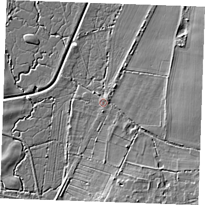 Shaded relief map of the ground around PE303RJ, computed from Environment Agency LiDAR. The ground here sits at about 5 m above sea level and falls 9 m across the surrounding 800 m. Surface water reaching this point runs off ground lying to the south, 0.9 m higher.