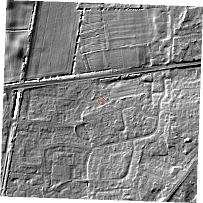 Shaded relief map of the ground around PE303SH, computed from Environment Agency LiDAR. The ground here sits at about 5 m above sea level and falls 11 m across the surrounding 800 m. Surface water reaching this point runs off ground lying to the east-south-east, 1.8 m higher.