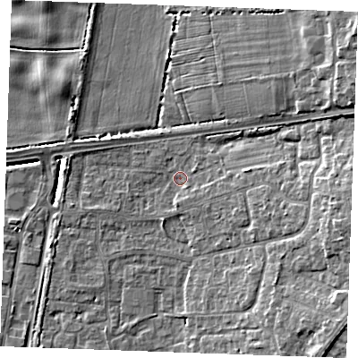 Shaded relief map of the ground around PE303SJ, computed from Environment Agency LiDAR. The ground here sits at about 4 m above sea level and falls 11 m across the surrounding 800 m. Surface water reaching this point runs off ground lying to the east-south-east, 4.5 m higher.