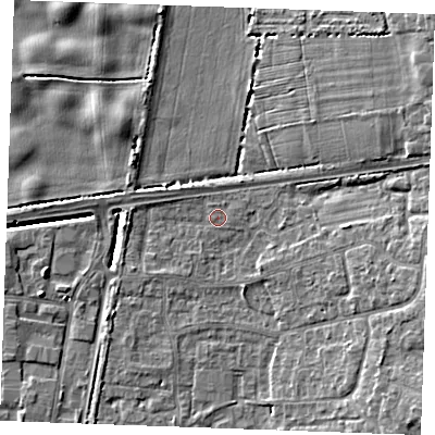 Shaded relief map of the ground around PE303SL, computed from Environment Agency LiDAR. The ground here sits at about 4 m above sea level and falls 9 m across the surrounding 800 m. Surface water reaching this point runs off ground lying to the north-east, 5.2 m higher.