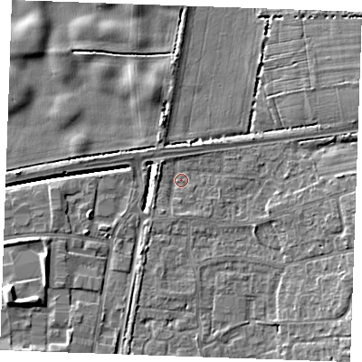 Shaded relief map of the ground around PE303SN, computed from Environment Agency LiDAR. The ground here sits at about 3 m above sea level and falls 7 m across the surrounding 800 m. Surface water reaching this point runs off ground lying to the east-north-east, 3.5 m higher.