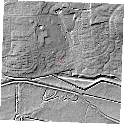 Shaded relief map of the ground around PE303UT, computed from Environment Agency LiDAR. The ground here sits at about 5 m above sea level and falls 19 m across the surrounding 800 m. Surface water reaching this point runs off ground lying to the north-west, 6.3 m higher.