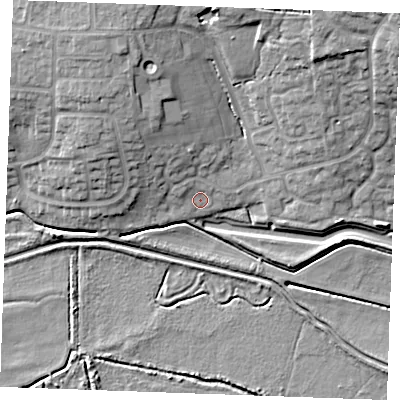 Shaded relief map of the ground around PE303UU, computed from Environment Agency LiDAR. The ground here sits at about 5 m above sea level and falls 18 m across the surrounding 800 m. Surface water reaching this point runs off ground lying to the north-west, 3.8 m higher.