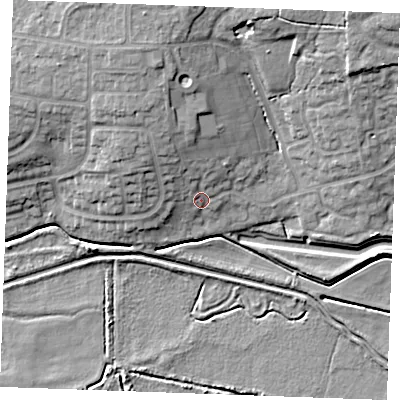 Shaded relief map of the ground around PE303UZ, computed from Environment Agency LiDAR. The ground here sits at about 6 m above sea level and falls 17 m across the surrounding 800 m. Surface water reaching this point runs off ground lying to the north-north-west, 9.3 m higher.