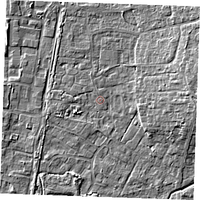 Shaded relief map of the ground around PE303WA, computed from Environment Agency LiDAR. The ground here sits at about 4 m above sea level and falls 8 m across the surrounding 800 m. Surface water reaching this point runs off ground lying to the west-south-west, 4.4 m higher.
