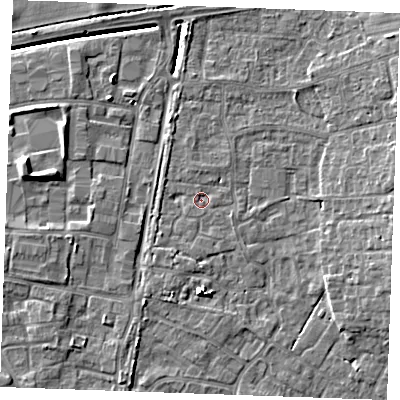 Shaded relief map of the ground around PE303WB, computed from Environment Agency LiDAR. The ground here sits at about 3 m above sea level and falls 7 m across the surrounding 800 m. Surface water reaching this point runs off ground lying to the south-south-west, 1.4 m higher.