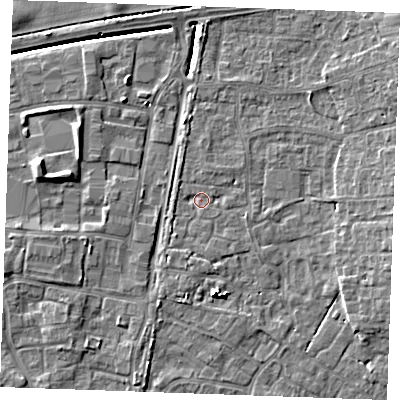 Shaded relief map of the ground around PE303WD, computed from Environment Agency LiDAR. The ground here sits at about 3 m above sea level and falls 7 m across the surrounding 800 m. Surface water reaching this point runs off ground lying to the south-south-west, 1.5 m higher.