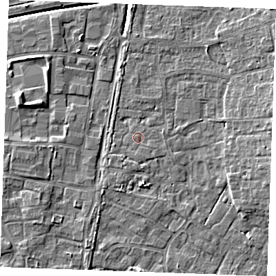 Shaded relief map of the ground around PE303WE, computed from Environment Agency LiDAR. The ground here sits at about 4 m above sea level and falls 7 m across the surrounding 800 m. Surface water reaching this point runs off ground lying to the south-west, 1.2 m higher.
