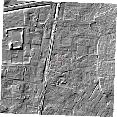 Shaded relief map of the ground around PE303WF, computed from Environment Agency LiDAR. The ground here sits at about 3 m above sea level and falls 7 m across the surrounding 800 m. Surface water reaching this point runs off ground lying to the south-south-west, 1.4 m higher.