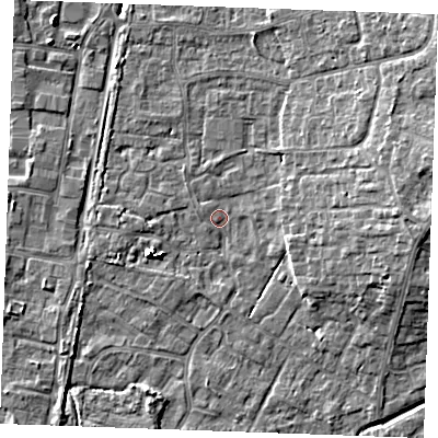 Shaded relief map of the ground around PE303WG, computed from Environment Agency LiDAR. The ground here sits at about 3 m above sea level and falls 8 m across the surrounding 800 m. Surface water reaching this point runs off ground lying to the west-south-west, 4.4 m higher.