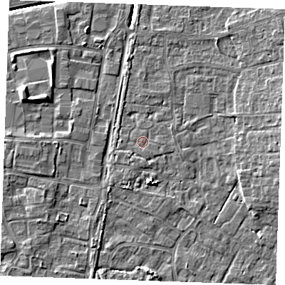Shaded relief map of the ground around PE303WH, computed from Environment Agency LiDAR. The ground here sits at about 4 m above sea level and falls 7 m across the surrounding 800 m. Surface water reaching this point runs off ground lying to the south-west, 1.0 m higher.