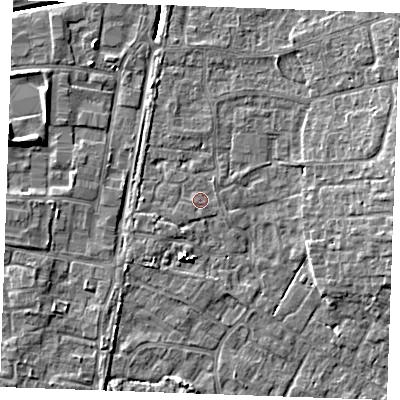 Shaded relief map of the ground around PE303WJ, computed from Environment Agency LiDAR. The ground here sits at about 4 m above sea level and falls 7 m across the surrounding 800 m. Surface water reaching this point runs off ground lying to the west-south-west, 0.6 m higher.