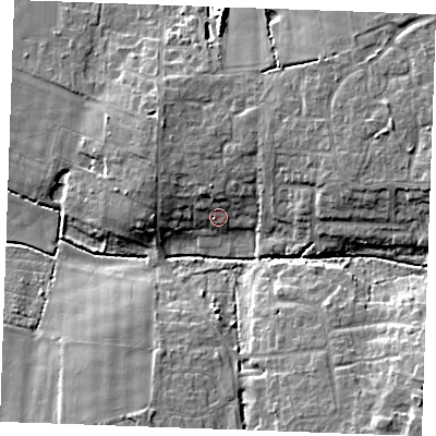 Shaded relief map of the ground around PE303WZ, computed from Environment Agency LiDAR. The ground here sits at about 7 m above sea level and falls 12 m across the surrounding 800 m. Surface water reaching this point runs off ground lying to the north-north-west, 3.1 m higher.