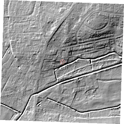 Shaded relief map of the ground around PE303XQ, computed from Environment Agency LiDAR. The ground here sits at about 5 m above sea level and falls 12 m across the surrounding 800 m. Surface water reaching this point runs off ground lying to the north-west, 5.9 m higher.