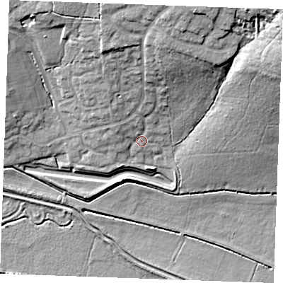 Shaded relief map of the ground around PE303XU, computed from Environment Agency LiDAR. The ground here sits at about 5 m above sea level and falls 20 m across the surrounding 800 m. Surface water reaching this point runs off ground lying to the north-north-east, 14.1 m higher.
