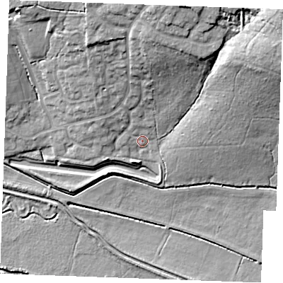 Shaded relief map of the ground around PE303XZ, computed from Environment Agency LiDAR. The ground here sits at about 5 m above sea level and falls 20 m across the surrounding 800 m. Surface water reaching this point runs off ground lying to the north, 13.0 m higher.