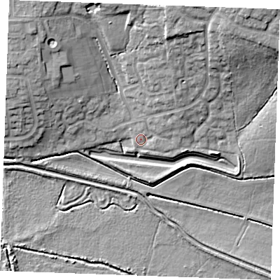 Shaded relief map of the ground around PE303YD, computed from Environment Agency LiDAR. The ground here sits at about 5 m above sea level and falls 18 m across the surrounding 800 m. Surface water reaching this point runs off ground lying to the north-east, 3.2 m higher.