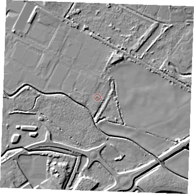 Shaded relief map of the ground around PE304BF, computed from Environment Agency LiDAR. The ground here sits at about 3 m above sea level and falls 6 m across the surrounding 800 m. Surface water reaching this point runs off ground lying to the west-south-west, 1.6 m higher.