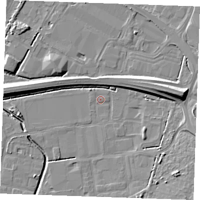 Shaded relief map of the ground around PE304BH, computed from Environment Agency LiDAR. The ground here sits at about 2 m above sea level and falls 12 m across the surrounding 800 m. Surface water reaching this point runs off ground lying to the east, 9.6 m higher.