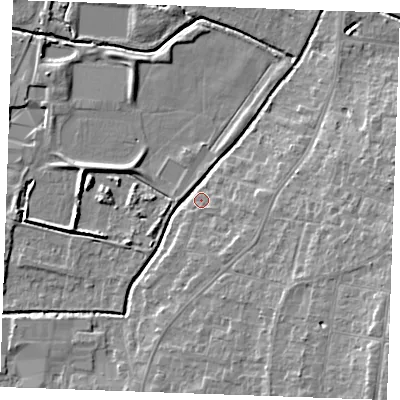Shaded relief map of the ground around PE304BL, computed from Environment Agency LiDAR. The ground here sits at about 4 m above sea level and falls 11 m across the surrounding 800 m. Surface water reaching this point runs off ground lying to the south-east, 10.6 m higher.