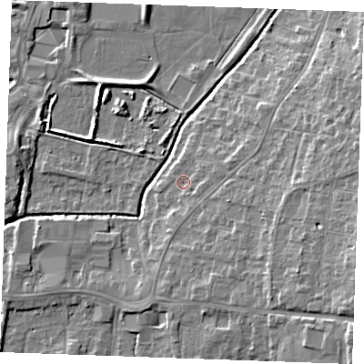 Shaded relief map of the ground around PE304BN, computed from Environment Agency LiDAR. The ground here sits at about 5 m above sea level and falls 10 m across the surrounding 800 m. Surface water reaching this point runs off ground lying to the east-north-east, 1.8 m higher.