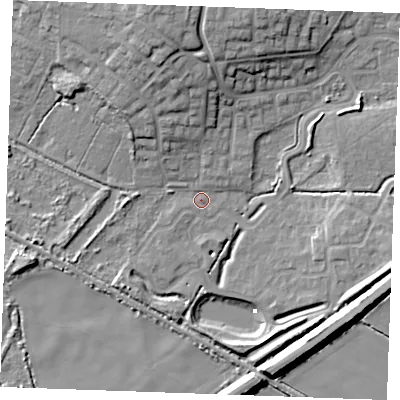 Shaded relief map of the ground around PE304BQ, computed from Environment Agency LiDAR. The ground here sits at about 3 m above sea level and falls 15 m across the surrounding 800 m. Surface water reaching this point runs off ground lying to the north, 8.5 m higher.