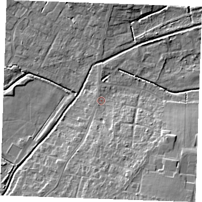Shaded relief map of the ground around PE304BU, computed from Environment Agency LiDAR. The ground here sits at about 4 m above sea level and falls 12 m across the surrounding 800 m. Surface water reaching this point runs off ground lying to the south-south-east, 4.7 m higher.